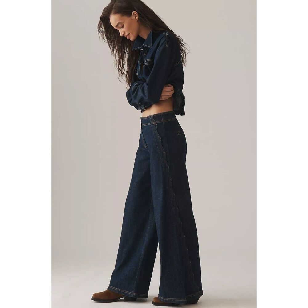 Maeve Anthropologie Scallop Edge High Rise Wide Leg Jeans Dark Denim Size 30 NWT